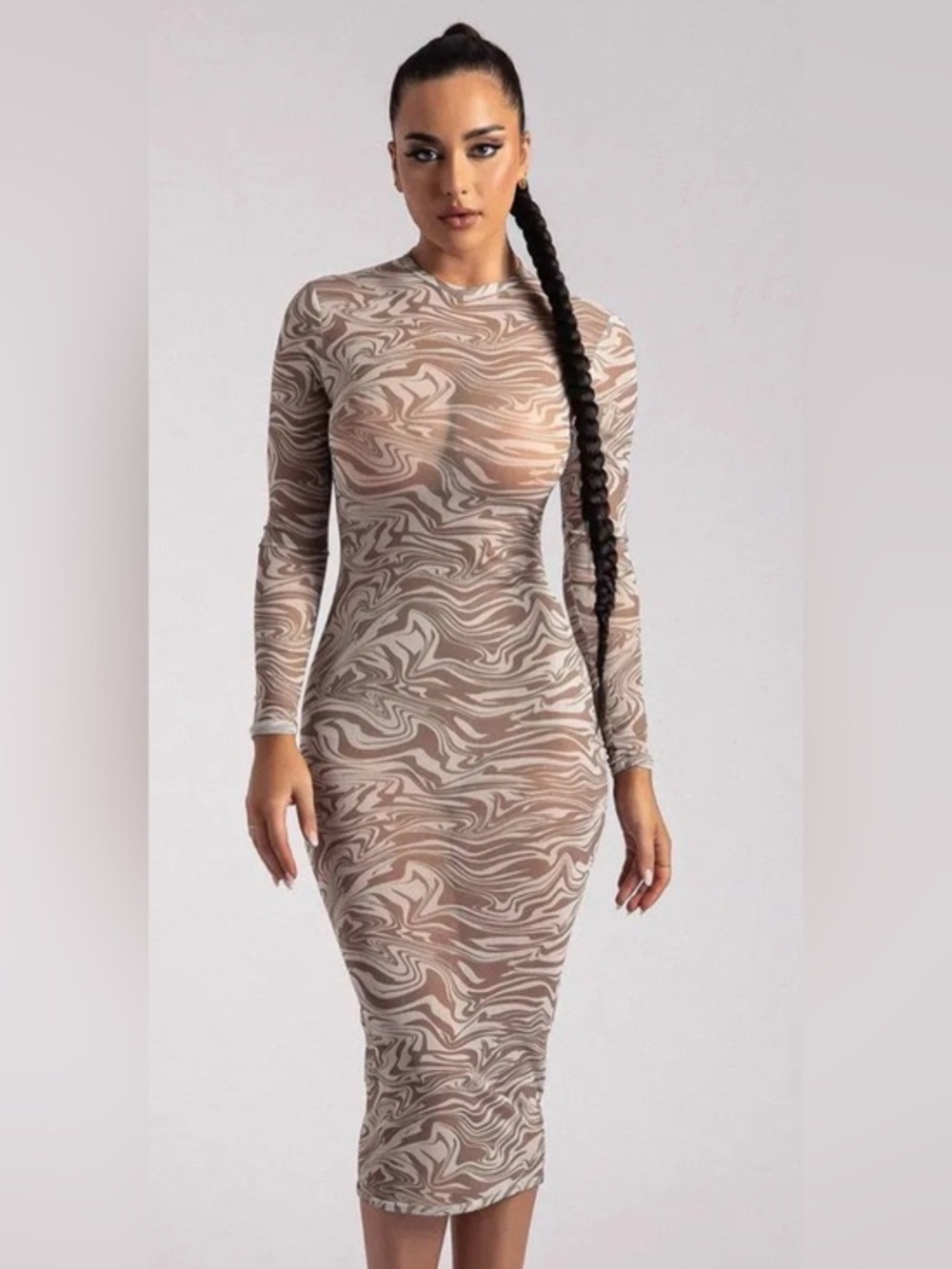 MESHKI Bonnie Mesh Sheer Long Sleeve Midi Dress Retrograde Print Size M Y2K